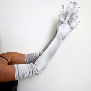 Extra Long 23-inch Over the Elbow A-Grade Bridal Satin Gloves for Halloween Party Cosplay Formal 20s Operal Length Roaring Party Prom Gloves Silver