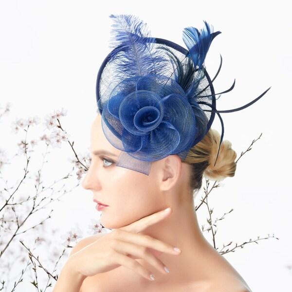 Navy Blue Feather Fascinator Women's Hair Accessories Sinamay Tea Party Headwear Hat Headband on Headpiece Net Flora Wedding