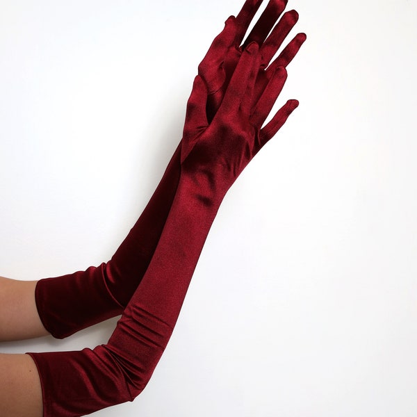 Extra Long Burgundy Wine 23-inch Over the Elbow A-Grade Bridal Satin Gloves Halloween Party Cosplay Formal 20s Operal Length Roaring Prom