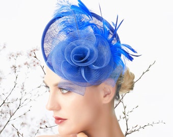 Royal Blue Feather Fascinator Women's Hair Accessories Sinamay Tea Party Headwear Hat Headband on Headpiece Net Flora Wedding