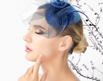 Navy Blue  Mesh Feather Fascinator Women's Hair Accessories Sinamay Tea Party Headwear Hat Hair Clip Headpiece Flora