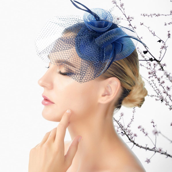 Navy Blue  Mesh Feather Fascinator Women's Hair Accessories Sinamay Tea Party Headwear Hat Hair Clip Headpiece Flora