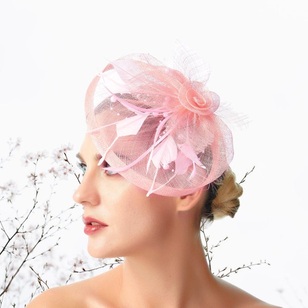 Vintage Style Pink Feather Fascinator Women's Hair Accessories Sinamay Tea Party Headwear Hat Hair Clip on Headpiece Net Flora Wedding Prom
