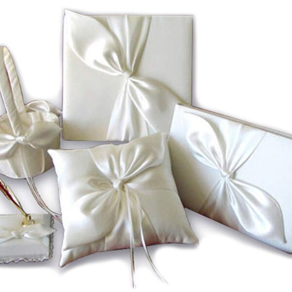 Bridal Wedding Ivory Love knot Satin Bow Ring Pillow Bearer Flower Girl Basket Guest Book Pen set Cake Knife Server Set Photo Album