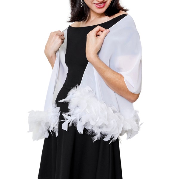 White Sheer Shawl w/ Real Feather on both ends Formal Wrap Stole Shrug Cape Weddiing Bridal Prom Party Dance