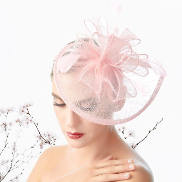 Light Pink Feather Fascinator Women's Hair Accessories Sinamay Tea Party Headwear Hat Hair Headband Headpiece Net Flora Wedding Prom