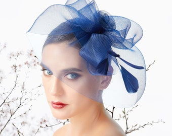 Navy Dark Blue Feather Fascinator  Women's Hair Accessories Sinamay Tea Party Headwear Hat Hair Clip-On Headpiece Flora Bow Wedding