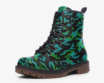 Green and Blue Camo Vegan Leather Boots