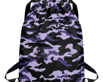 Purple and Black Camo Drawstring Backpack