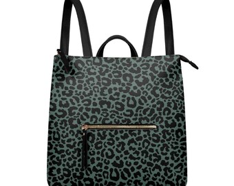 Hunter Green Leopard PU Leather Backpack Purse