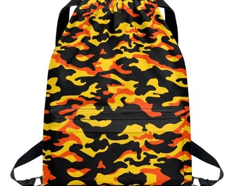 Yellow, Orange and Black Camo Drawstring Backpack