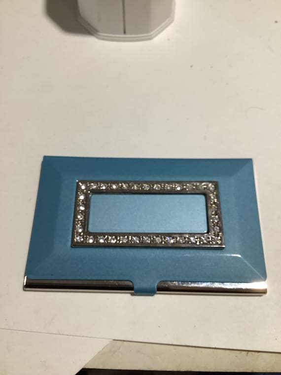 Blue enamel with clear crystals card case