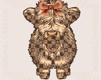 Checker Highland Baby Bow Cow PNG, Western Design, PNG Sublimations, Farm Sublimations, Designs Downlods, Shirt Design, Sublimation Download