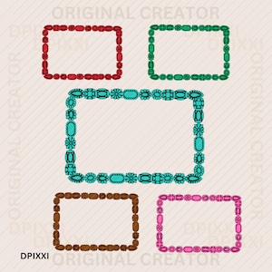 May include: Five rectangular frames with decorative borders in various colors: red, green, teal, brown, and pink. Each frame is adorned with floral and gemstone-like embellishments. The text "ORIGINAL CREATOR" and "DPIXXI" are visible.