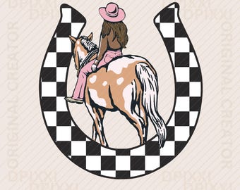 Söt Cowgirl Checker Horseshoe PNG * Retro Rodeo Clipart | Cowgirl Grafik | Vintage Cowgirl PNG Retro Cowboy Sublimering Retro Clipart #11