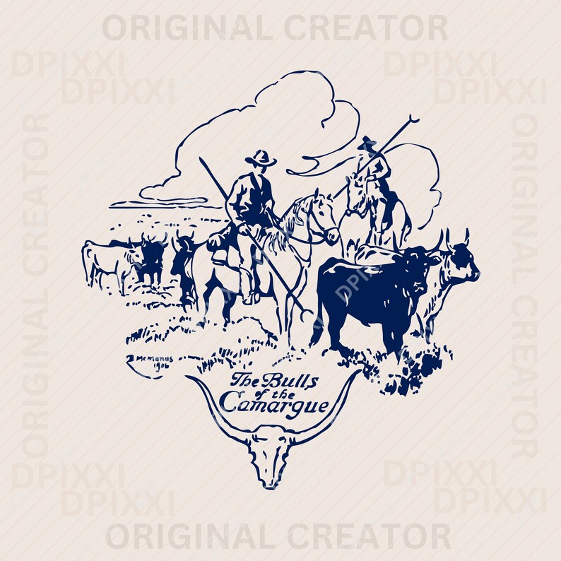 Op de afbeelding: Een vintage illustratie van cowboys te paard die stieren hoeden. De afbeelding is in blauw en wit en bevat de tekst "The Bulls of the Camargue".