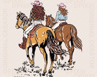 Cowgirl Friends PNG * Checker Retro Rodeo Clipart Grafik Vintage Sublimering #785