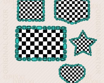 Bundle Turquoise Checker Frame Shape png * Rectangle, Square, Heart, Star, Western png, Cowboy Sublimation Designs, Western Clipart #549