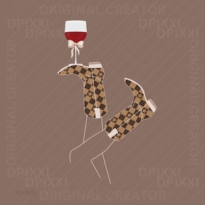 May include: A pair of brown and tan cowboy boots with a checkered pattern and a glass of red wine on top of one boot.