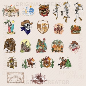 May include: A set of 20 colorful digital illustrations featuring skeletons in various cowboy poses, including riding horses, playing guitar, and surfing. The illustrations are in a vintage style with a cartoonish aesthetic.