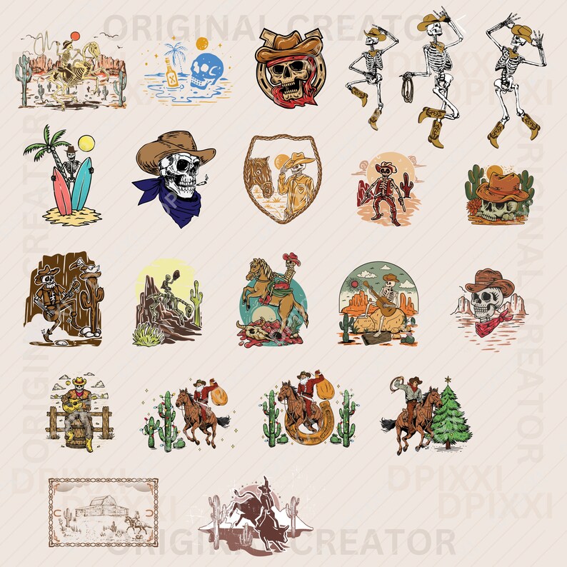 May include: A set of 20 colorful digital illustrations featuring skeletons in various cowboy poses, including riding horses, playing guitar, and surfing. The illustrations are in a vintage style with a cartoonish aesthetic.