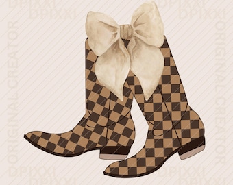 Schleife schokoladenbraune Checker-Stiefel PNG * Beige Küsten-Cowgirl Png, kokette brauner Checker-Stiefel-Bogen-Design PNG, Sublimation DTF, Preppy png