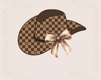 Cappello a scacchi da cowgirl con fiocco PNG * Design western per sublimazione, Soft girl era, Cappello da cowgirl png, Cappello con fiocco, Design per camicia coquette, fiocco marrone png
