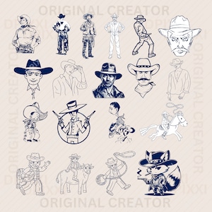 Op de afbeelding: Een set van 16 zwart-wit illustraties van cowboys en westernthema's. De illustraties omvatten cowboys met hoeden, pistolen, lasso's en paarden. Er zijn ook illustraties van een cowboy die een stier berijdt, een cowboy die een paard berijdt en een cowboy met een vos.