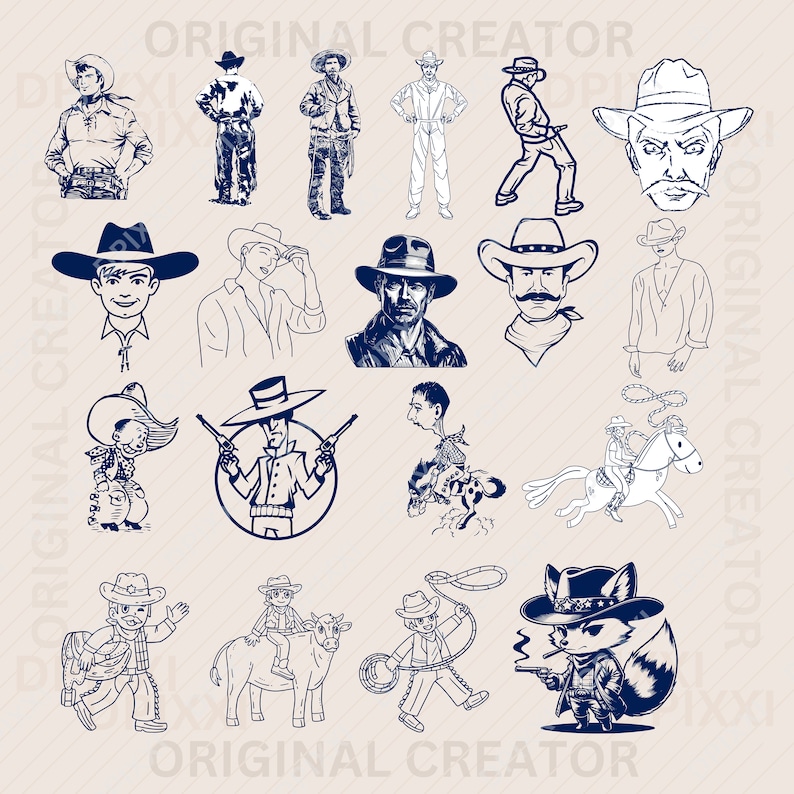 Op de afbeelding: Een set van 16 zwart-wit illustraties van cowboys en westernthema's. De illustraties omvatten cowboys met hoeden, pistolen, lasso's en paarden. Er zijn ook illustraties van een cowboy die een stier berijdt, een cowboy die een paard berijdt en een cowboy met een vos.