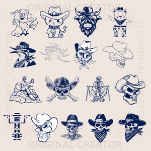 Op de afbeelding: Een set van 14 digitale illustraties met verschillende karakters en objecten in een western cowboy-thema. De illustraties zijn in een blauw-wit kleurenschema en bevatten een haan, een kat, een beer, een schedel, een vogel, een man en kruisbeenderen.