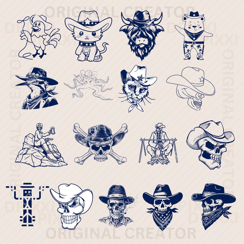 Op de afbeelding: Een set van 14 digitale illustraties met verschillende karakters en objecten in een western cowboy-thema. De illustraties zijn in een blauw-wit kleurenschema en bevatten een haan, een kat, een beer, een schedel, een vogel, een man en kruisbeenderen.