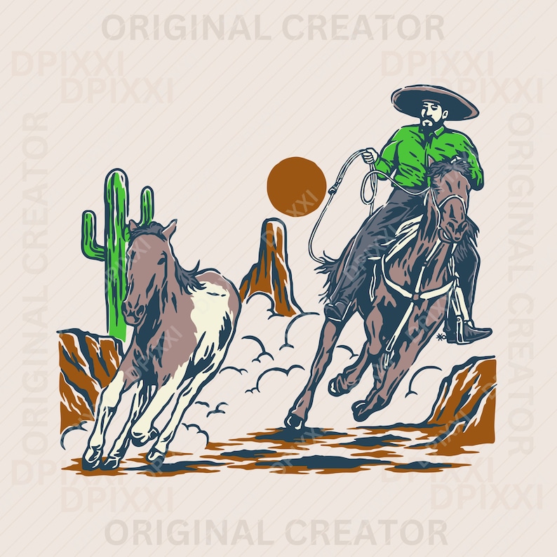 May include: A cowboy riding a brown horse through a desert landscape. The cowboy is wearing a green shirt, brown pants, and a wide-brimmed hat. A brown cactus is in the background.