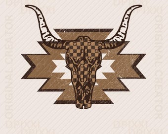 Checker Print Aztec Western Bull Skull sublimation design Png, Western PNG, Western clipart, Png File, Instant Download