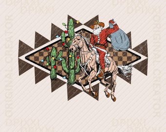May include: A vintage-style illustration of Santa Claus riding a horse through a desert landscape. The horse is decorated with Christmas lights and there are cacti in the background. The image has a distressed, faded look.