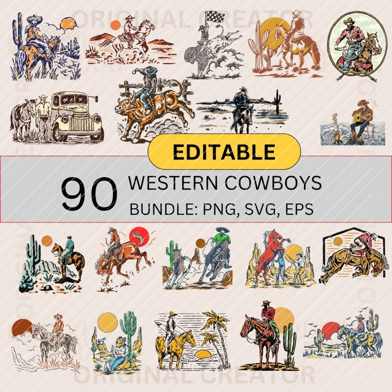 May include: A set of 90 editable western cowboy illustrations in a variety of poses and settings. The illustrations are in a vintage style and feature cowboys on horseback, riding bulls, and playing guitars. The text "90 Western Cowboys Bundle: PNG, SVG, EPS" is displayed at the bottom of the image.