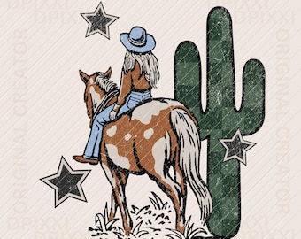 Cactus Cowgirl Starry Night Printable Art png #356 * Checker Horse Star Png sublimation, Digital Download Western png Cowboy Digital Downloa