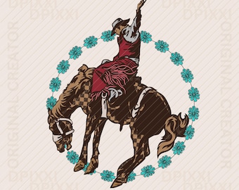 May include: A vintage illustration of a cowboy riding a bucking bronco, surrounded by a wreath of turquoise blue flowers. The cowboy is wearing a red shirt and a brown hat.