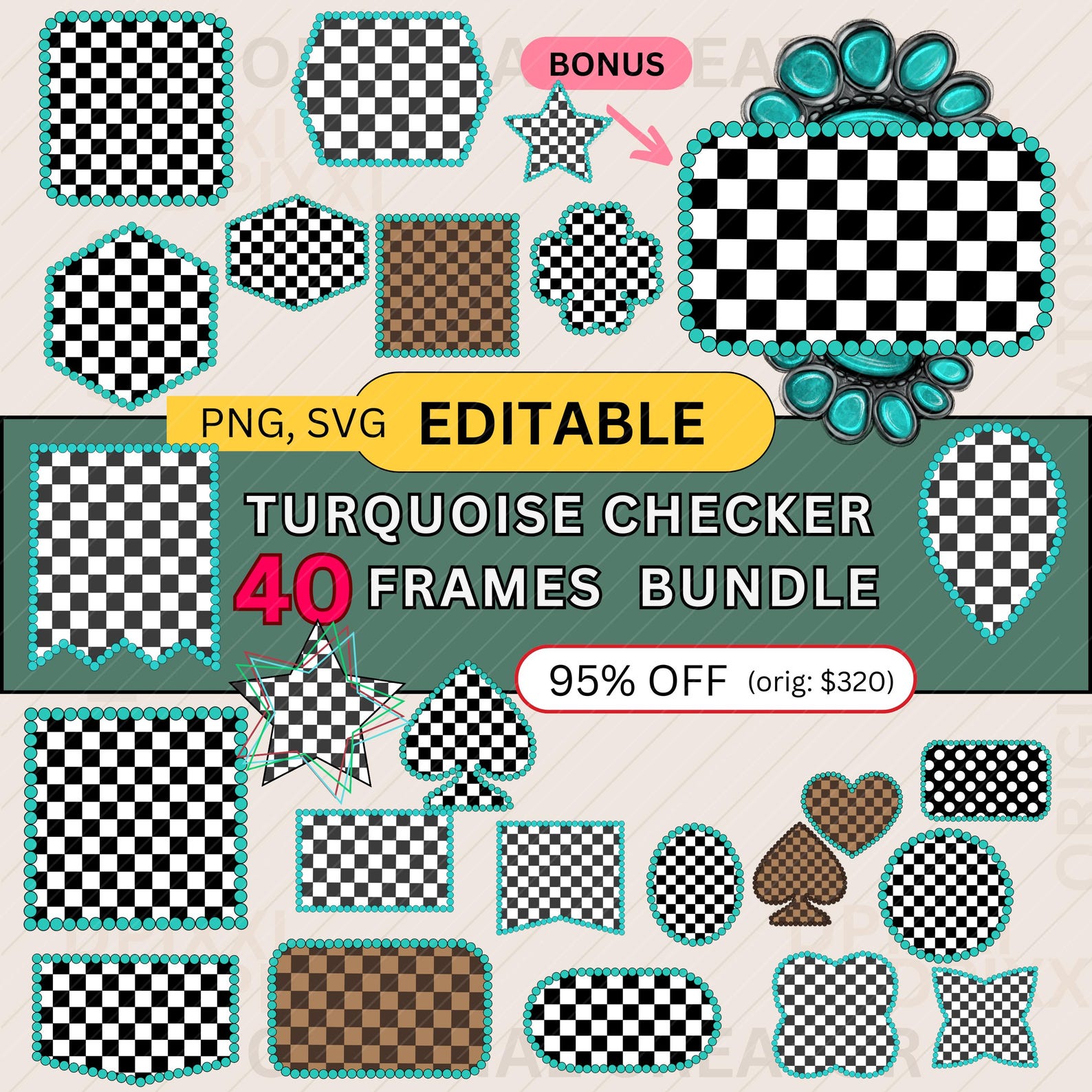 EDITABLE Turquoise Checker Frame Bundle Png, Svg * Turquoise Frame ...