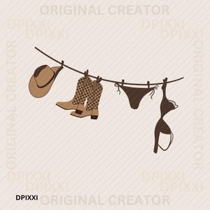 May include: A brown cowboy hat, two brown and white checked cowboy boots, a brown bikini bottom, and a brown bra hanging on a clothesline.