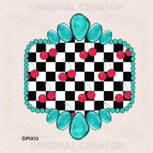 Turquoise Checker Cherry Digital Frame Printable png * Shape PNG Digital Download Western Design Turquoise Conchos Sublimation Design #460