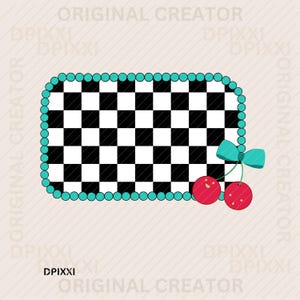 Ruby Red Cherry Turquoise Bow Rectangle Checker Digital Frame Printable png * Shape Digital Download Western Design Sublimation Design #475