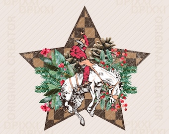 May include: A red and white cowboy riding a bucking horse in front of a brown and white checkered star with green and red holly sprigs.
