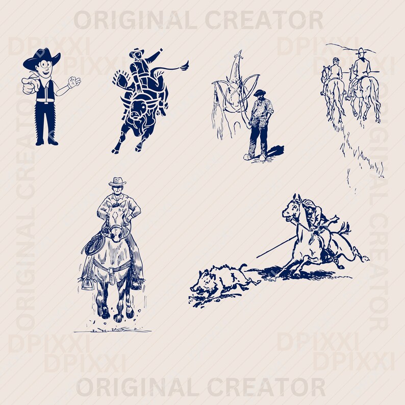 Op de afbeelding: Een set van zes zwart-wit illustraties die cowboys en paarden voorstellen. De illustraties zijn in vintage stijl en tonen cowboys die paardrijden, vee met een lasso vangen en stieren berijden.