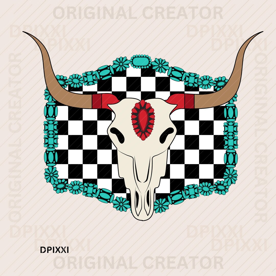 Ruby Red Cow Skull Turquoise Concho PNG * Checker Frame Western ...