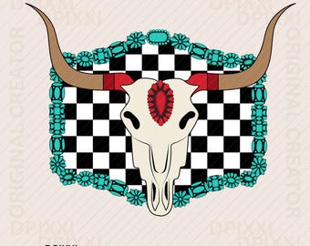 Rubinröd ko-skalle turkos Concho PNG * Rutig ram Western sublimeringsdesign digital nedladdning #634