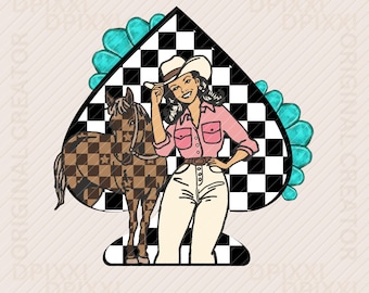 Turkos Checker Spade Cowgirl PNG * Retro Rodeo Clipart | Häst Cowgirl Grafik Vintage Cowgirl PNG Cowboy Sublimering Retro Clipart #65