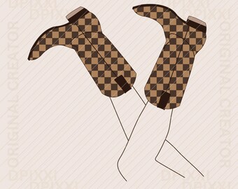 Checker Style Cowgirl Boots png * Coquette Brown Chinoiserie Cbecker Boots Schleife Grandmillenial Design PNG, Sublimation DTF png Preppy png #39