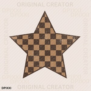 May include: A distressed star shape with a checkered pattern in shades of brown and tan. The star has a five-point design with a vintage, worn appearance. The background is a light beige with diagonal lines.