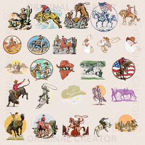 May include: A collection of 25 colorful illustrations featuring cowboys riding horses, bulls, and other animals. The illustrations are in a cartoon style and are perfect for use in a variety of projects.