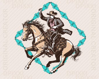 Może przedstawiać: Ilustracja kowboja na koniu, oprawiona turkusową obwódką z koralików. Kowboj ma na sobie kapelusz i kurtkę, trzymając linę. Koń jest brązowo-biały, ze szczegółowym siodłem.